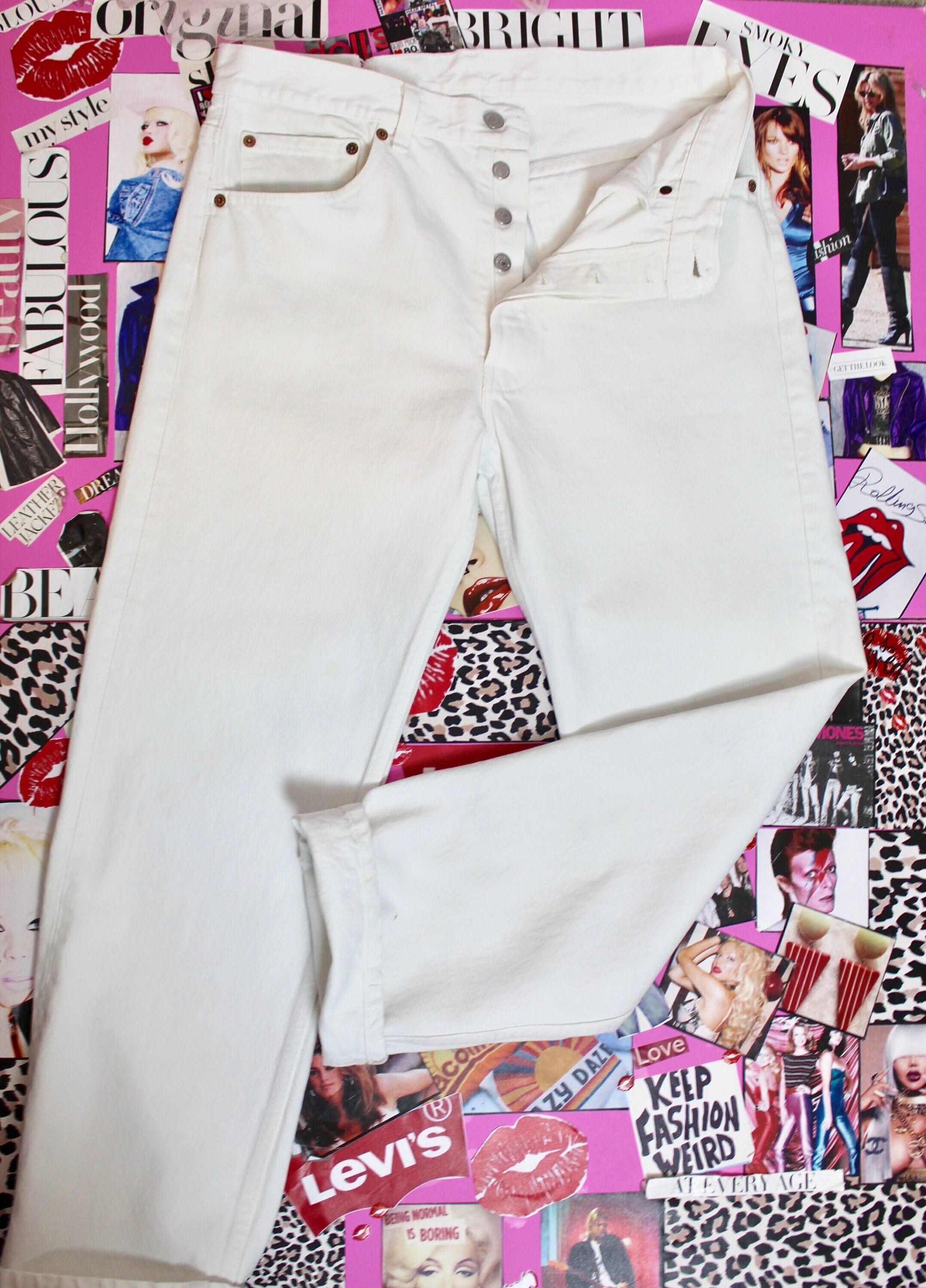 Jeans Levi Strauss 501s Button Fly's branco vintage dos anos 80