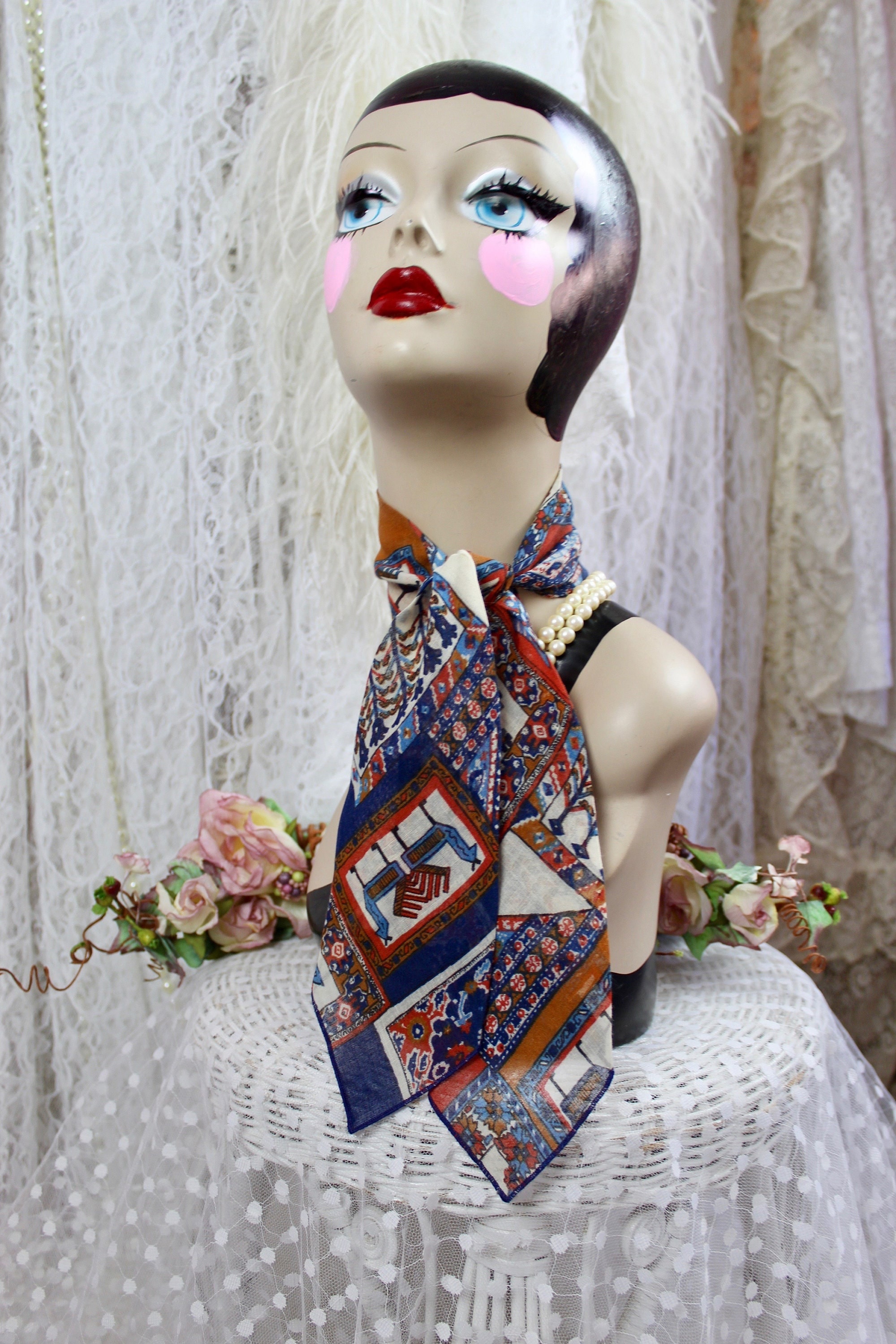 Vintage 60s 70s Cathy Oaks California Small Scarf Tie, Blue/rust