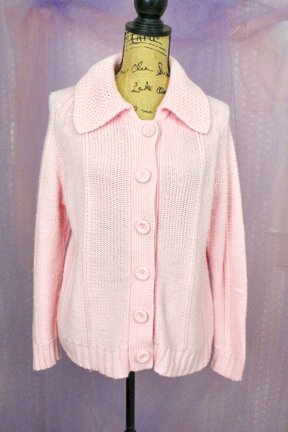 Vintage 70s Pink Knit Sweater, VTG Knit Cardigan,… - image 7