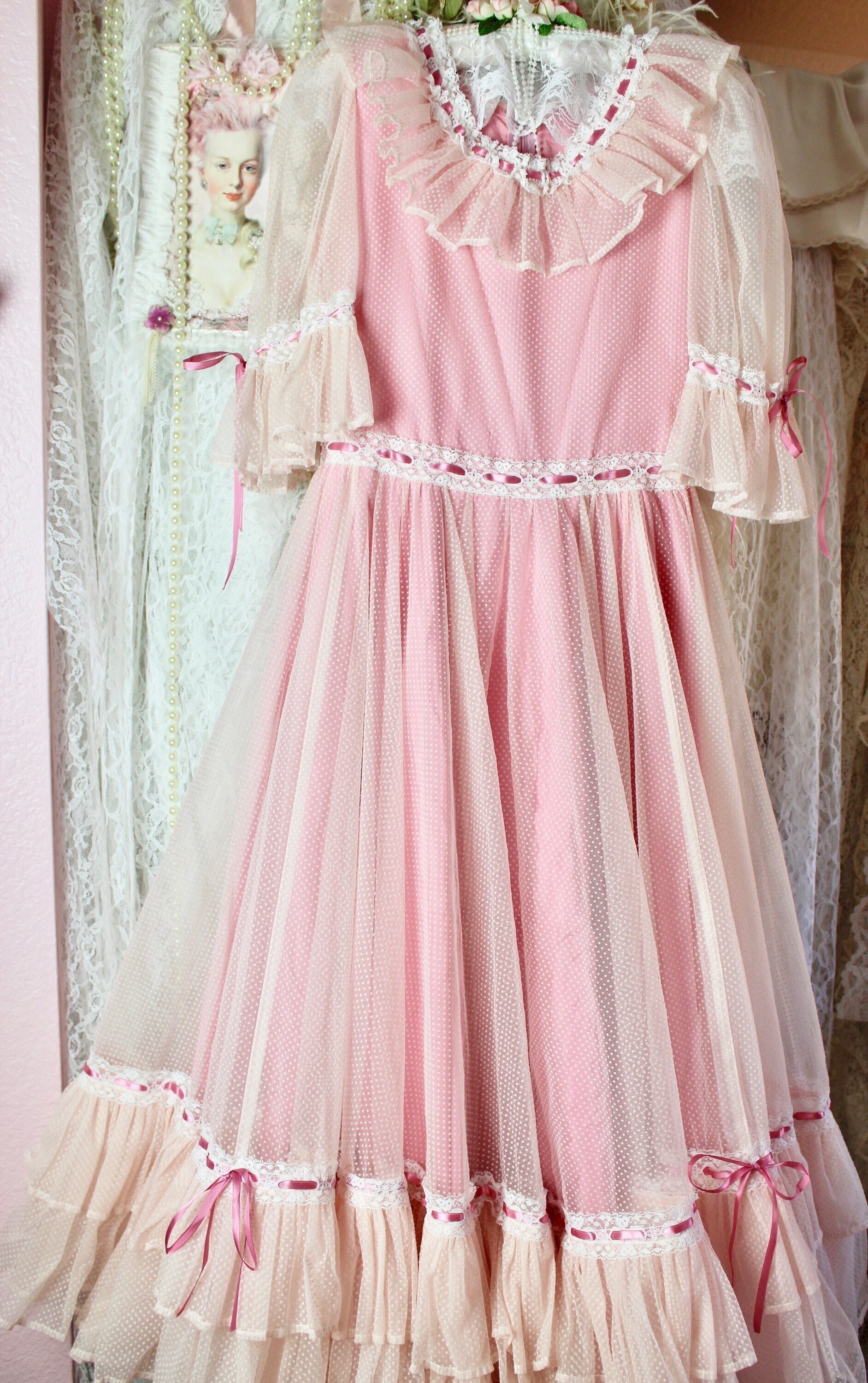 Vintage Victorian Romantic Pink Ruffle Dress, Cottage Core, Lace, Pink Satin Ribbons, Ruffles, Sheer Puffy Sleeves, Overlay, Nylon, Size S - Etsy Vintage Victorian Romantic Pink Ruffle Dress, Cottage Core, Lace, Pink Satin Ribbons, Ruffles, Sheer Puffy Sleeves, Overlay, Nylon, Size S - Etsy