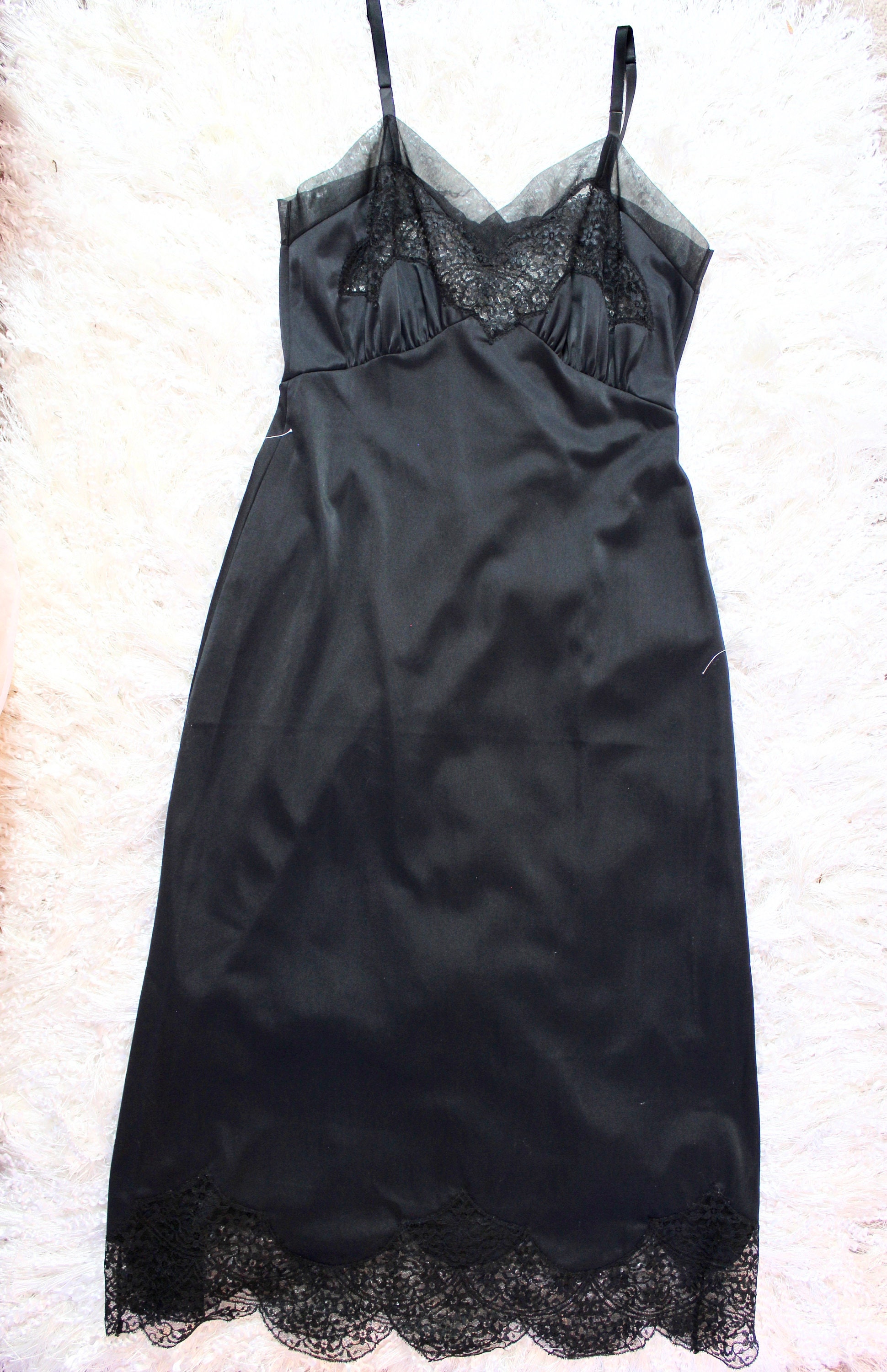 Vintage 60s 70s Sexy Black Lace Slip, Exquisite Lingerie