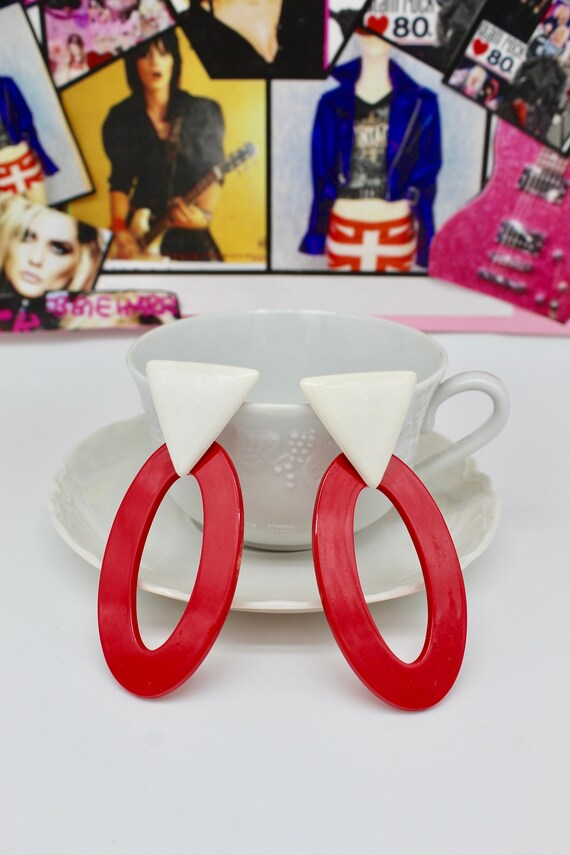 Vintage 80s Geometric Red/White Dangle Earrings, … - image 3