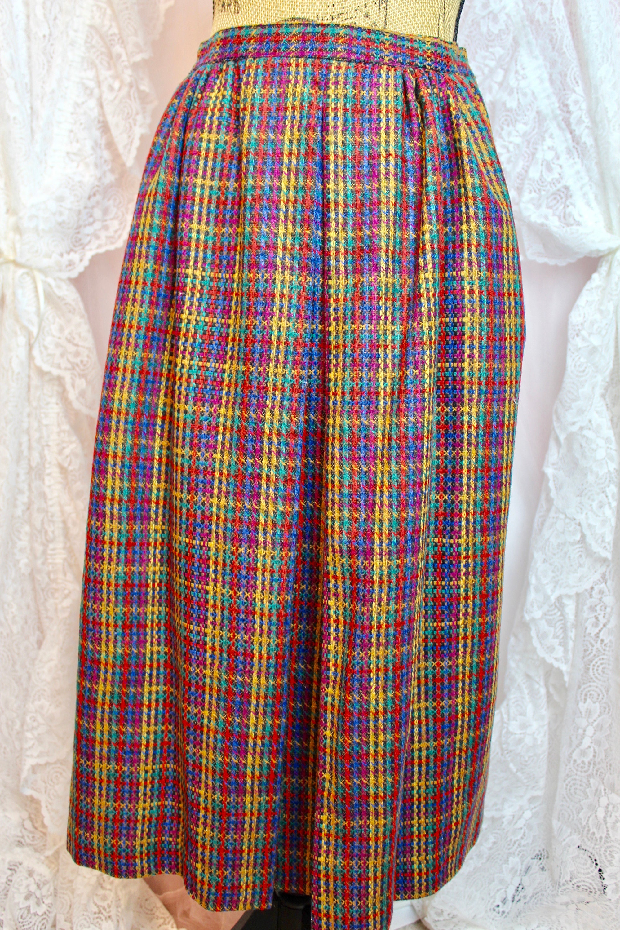 80〜90s Vintage Quilt Pleats Check Skirt Vintage 80s 90s Colorful Plaid Tweed Long Midi Skirt