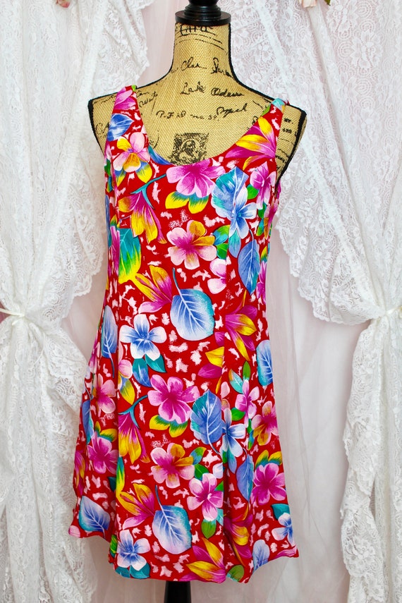 Vintage 90s Colorful Tropical Floral Sleeveless D… - image 3