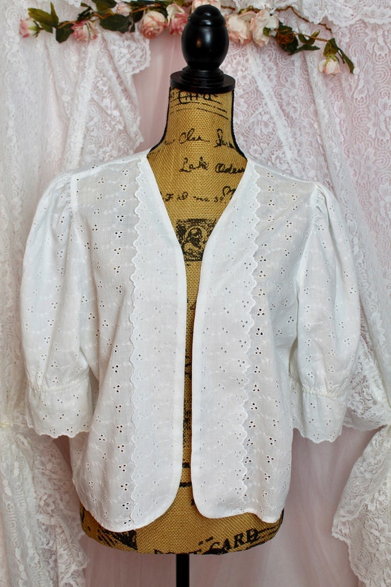 Vintage 70s 80s White Embroidered Eyelet Blouse/J… - image 7