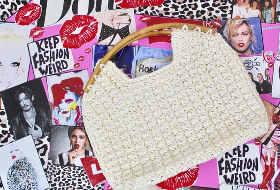 VTG 70s 80s Cream Crochet Bamboo Handbag, Bamboo … - image 3