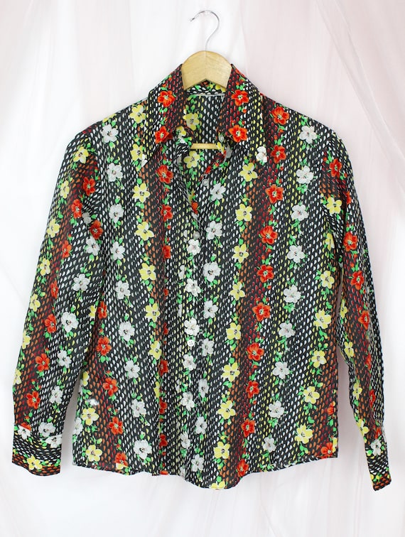 70's Floral Colorful Long Sleeve Shirt - image 1