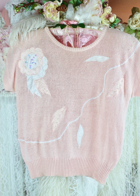 Vintage 80s 90s Pink Peach Decorative Pullover Knit Sweater Top