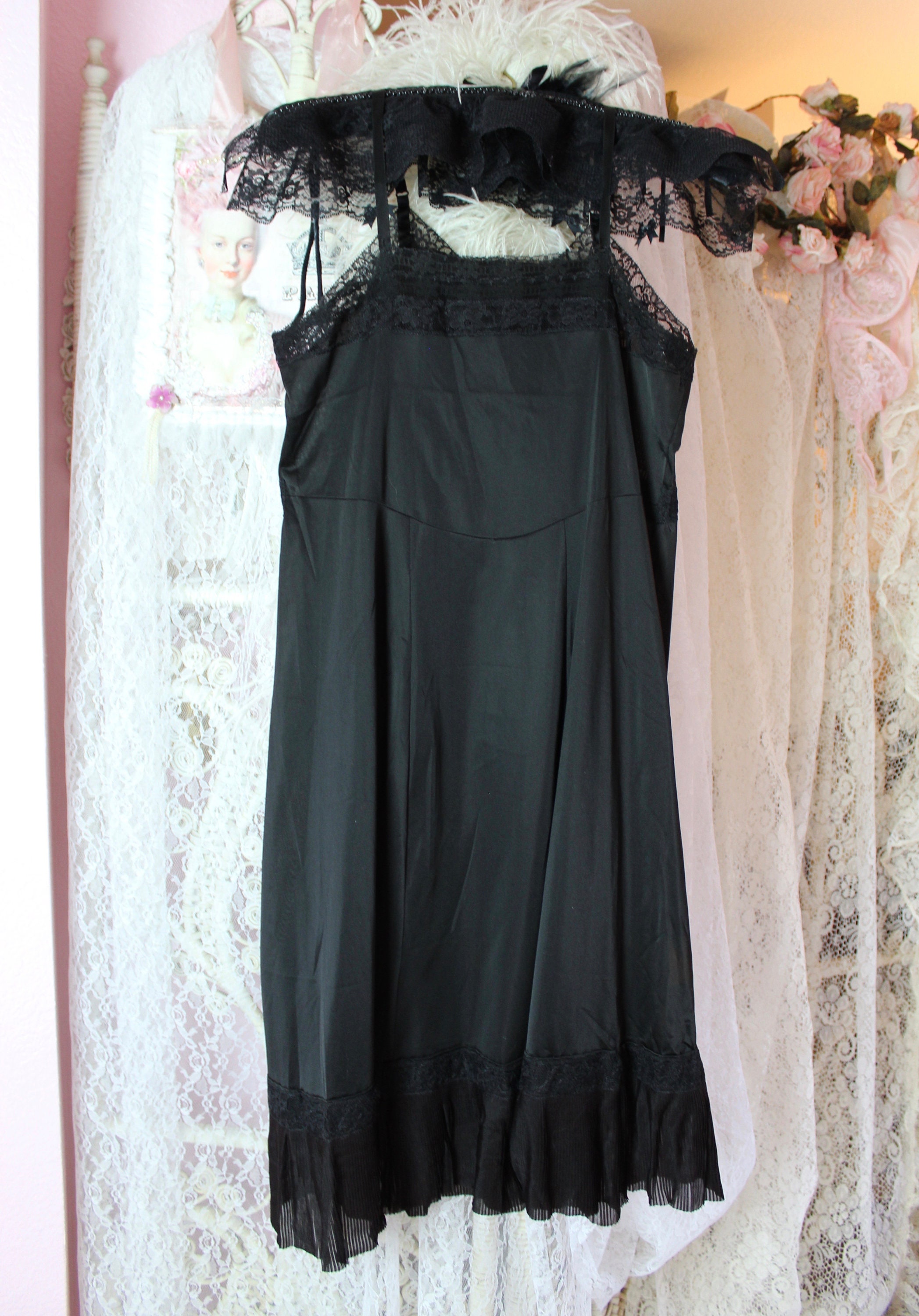 Vintage 60s 70s Pandora Chic Sheer Black Lacey Slip Dress
