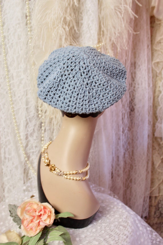 Vintage Blue Crochet knit Beret, Handmade Berets,… - image 6