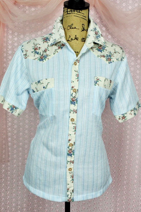 Vintage 70s Unisex Floral Print Shirt, Cute VTG S… - image 2