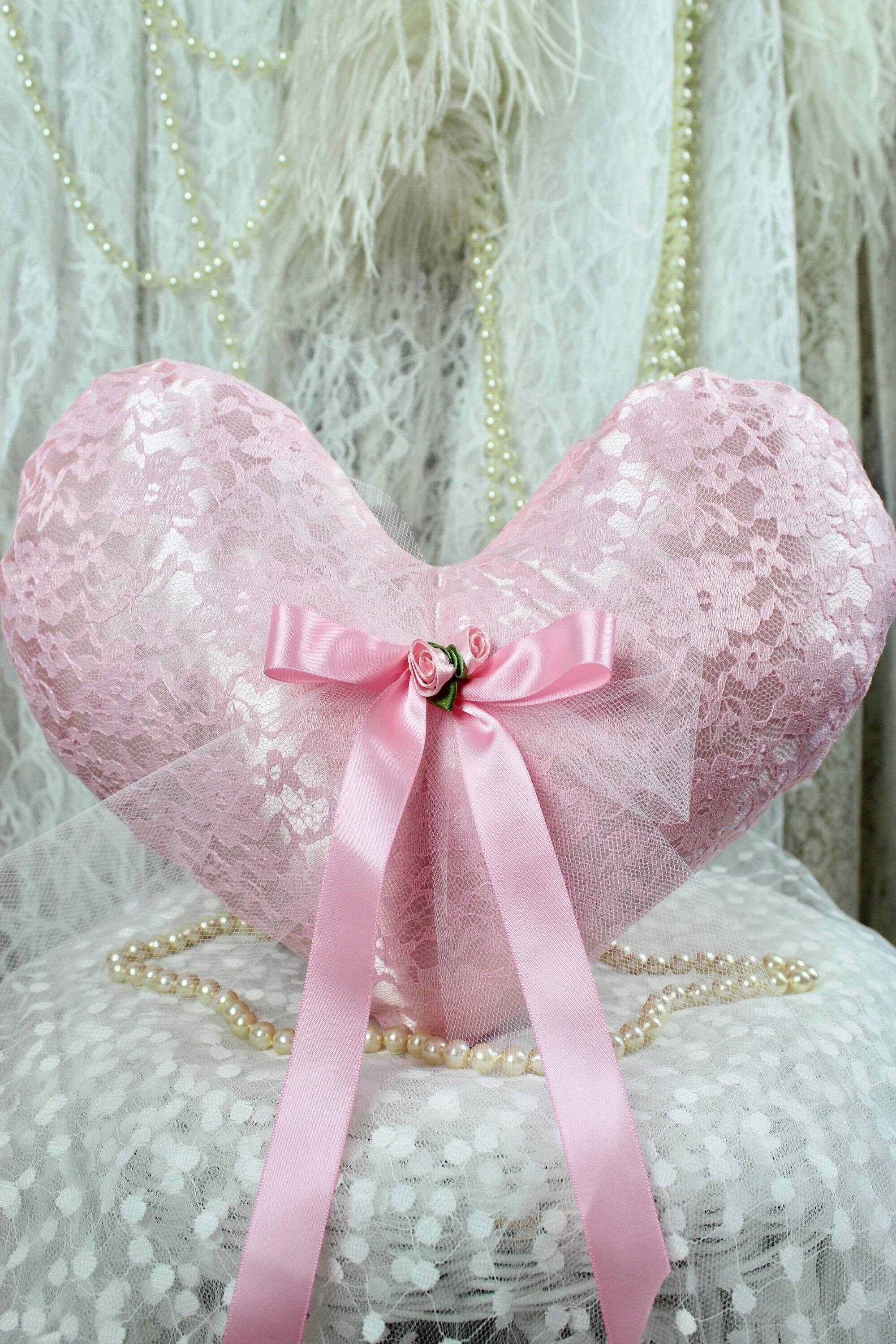 Romantic Small Pink Lace Heart Throw Pillow, Handmade Heart  display picture 2
