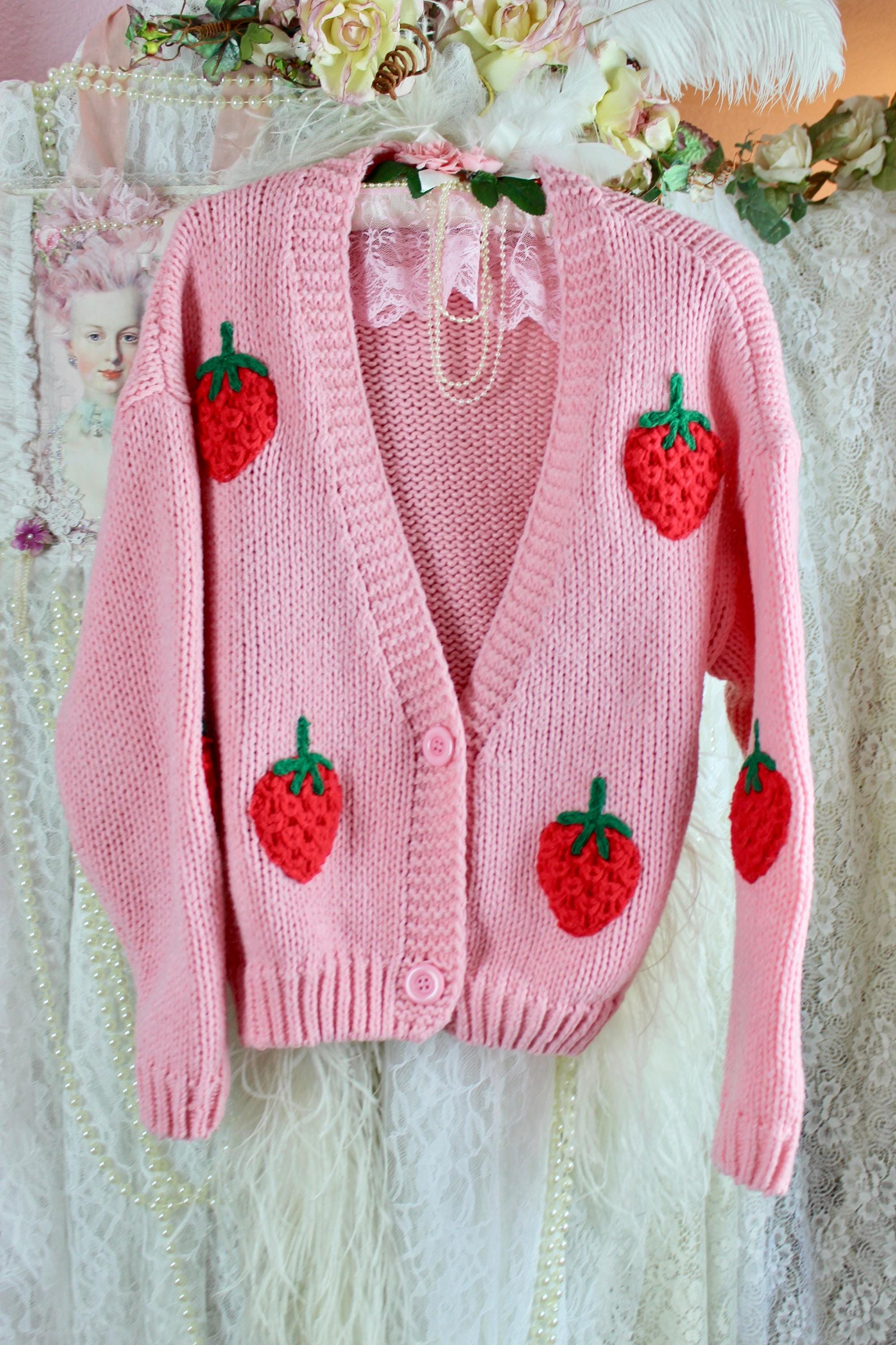 Strawberry Cardigan Sweater, Cable Knit, Crochet, Strawberry