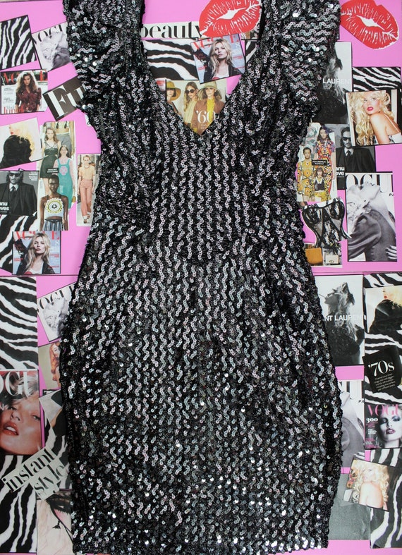 Vintage 80s Silver/black Metallic Sequin Short Dress