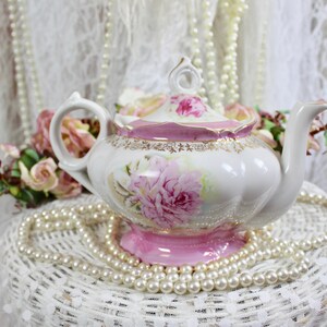 Vintage 60s 70s Lefton Musical Pink Cabbage Rose Teapot, Hand Painted ...