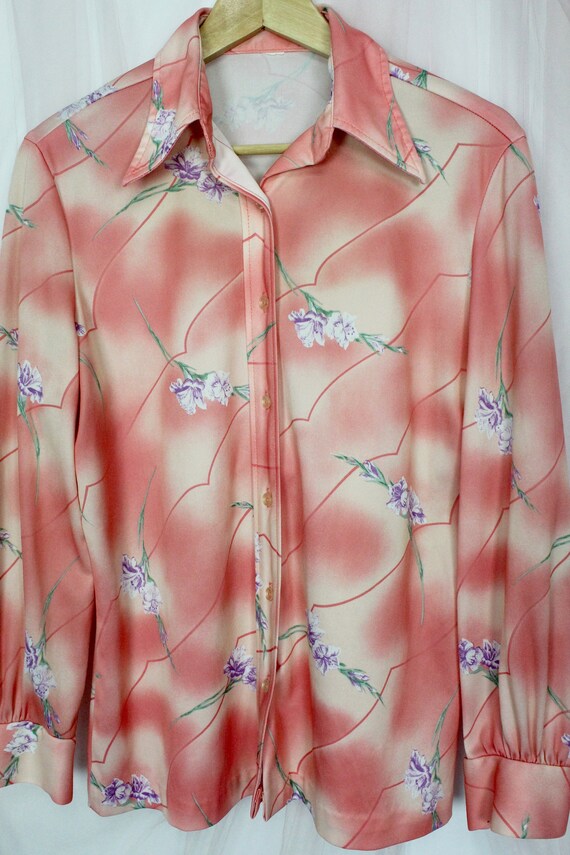 70's Peachy Floral Long Sleeve Shirt, VTG Blouses… - image 2