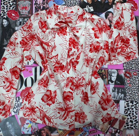 Vintage 70's Silky Red Floral Button up Blouse - image 1