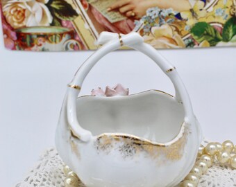 Vintage Mini Floral Ceramic Basket, Pink Roses and Gold Specks