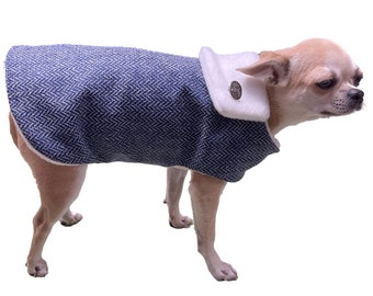 Custom Warm Blue Tweed Herringbone Winter Dog Coat, All Sizes & TAILORING, Harness Hole or D-Ring Options, Winter Dog Coat for Small Dogs