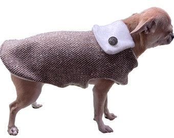 Tweed Herringbone Dog Coat, Custom Winter Warm Wool Pet Jacket for Dogs, All Sizes XS to Large, TAILORING & Harness Hole and D-Ring Options