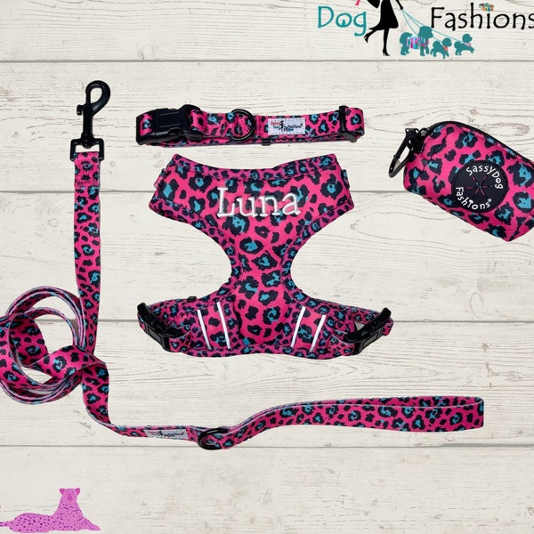 Personalized Pink Leopard Dog Harness and Leash Set & Separates, Adjustable Dog Harness Set, Custom Dog Harness Girl, Harness and Lead Girls