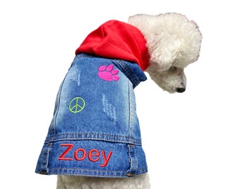 Individuell bestickte DENIM Jeansjacke DOG HOODIE mit Name Option | Peace Zeichen oder Pfotenabdruck Option | Geschenk für Tierliebhaber | Kleine Hundebekleidung