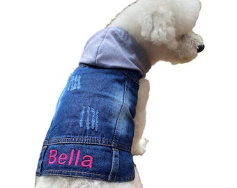 Personalized Denim Dog Jacket, Embroidered Dog Hoodie, Denim Dog Vest, Dog Clothes Girl, Dog Clothes Boy, Small Dog Coat, Custom Dog Clothes