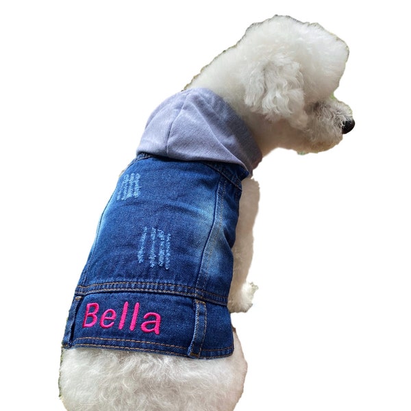 Personalized Denim Dog Jacket, Embroidered Dog Hoodie, Denim Dog Vest, Dog Clothes Girl, Dog Clothes Boy, Small Dog Coat, Custom Dog Clothes