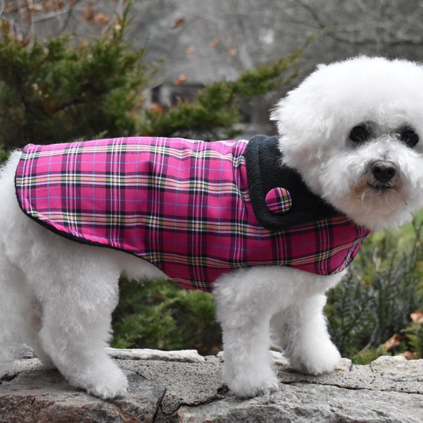 Pink Plaid Dog Coat for Girls, Warm Dog Sweater - All Sizes and TAILORING OPTION, Warm Dog Coat, Bespoke Dog Coat, Custom Dog Coat Girl