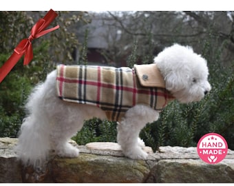 Custom Tan Plaid Fleece Winter Dog Coats Jacket - WARM Fleece Dog Sweater - Small to Large, TAILORING Option for Glove Fit, Holiday Pet Gift