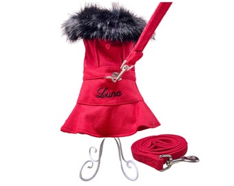 Personalisierter roter Feiertags-Hundemantel und Leinen-Set für Mädchen, Weihnachtshundemantel, ausgefallener Hundemantel, Designer-Hundemantel, Hundemäntel für kleine Hunde