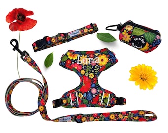 Conjunto de arnés y correa personalizados para perros de otoño y accesorios separados, conjunto de arnés ajustable para perros, arnés bordado para perrita, arnés para perros con flores