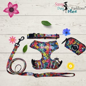 Personalized Floral Dog Harness and Leash Set and Separates, Fully Adjustable Dog Harness, Personalized Dog Harness Girl, Flower Harness Set