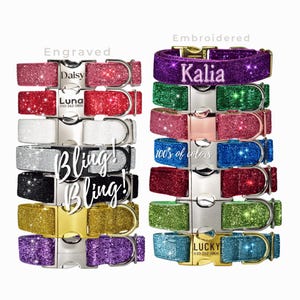 Coleira de cachorro com glitter brilhante gravado ou bordado para meninas e meninos com personalização opcional e guia para cães e gatos XXS-XXL