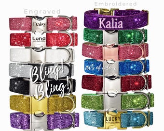 Engraved or Embroidered Sparkling Glitter Bling Dog Collar for Girls and Boys with Optional Personalization and Leash for Cats Dogs XXS-XXL