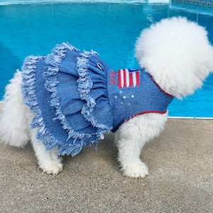 Abito per cani da compagnia blu denim - Abito per cani festivo personalizzato - Abito patriottico per cani con bandiera e frange - Abbigliamento per cani femmina per cani di piccola taglia