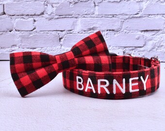 Personalized Buffalo Plaid Dog Collar with Bow Tie, Custom Embroidered Name Collar, Holiday Red Tartan Plaid Pet Collar Gift for Dogs & Cats