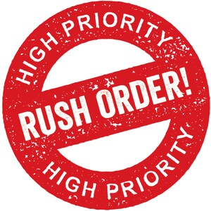 May include: Red round stamp with the text "HIGH PRIORITY" in a circle around the words "RUSH ORDER!" in white letters.