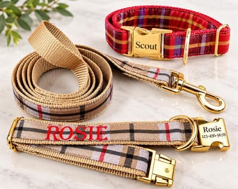Peut inclure: Un collier pour chien à carreaux rouges avec le nom Scout gravé sur une boucle dorée, une laisse à carreaux beiges et un collier pour chien à carreaux beiges avec le nom Rosie brodé en rouge et gravé sur une boucle dorée avec 123-456-5678.
