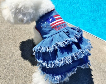 ocean denim dog dress Denim Floral Dog Harness Dress