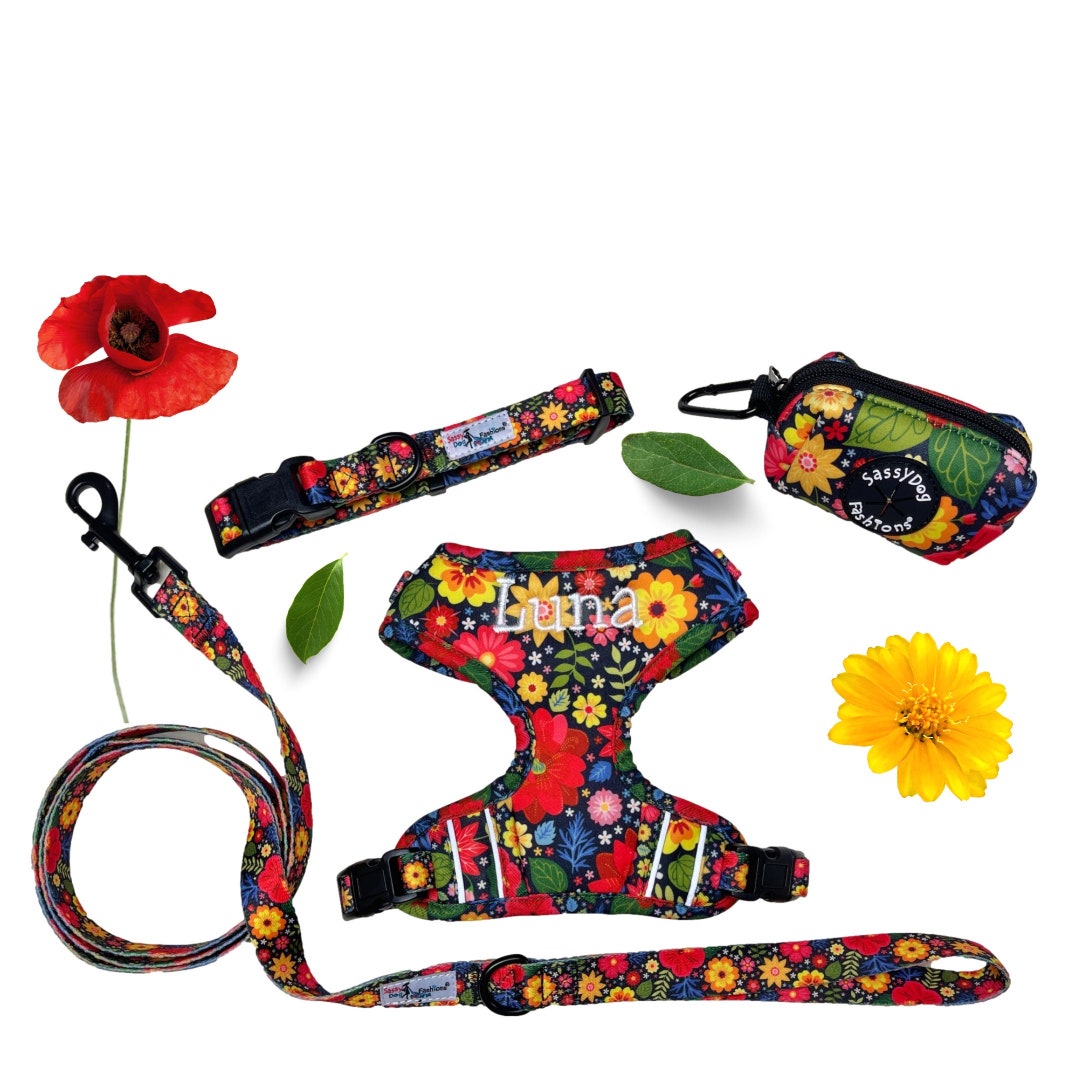 Personalized Floral Dog Harness and Leash Set and Separates, Adjustable