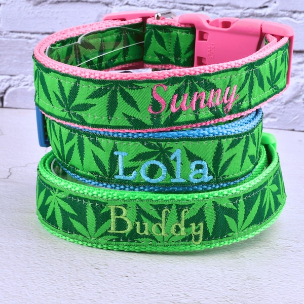 Collar de marihuana personalizado para perros: collar bordado personalizado para perros pequeños, medianos y grandes. Regalo verde para perros. Correa ajustable con identificación y nombre.