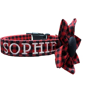 Personalized BUFFALO Plaid DOG COLLARS, Embroidered Name and Flower Option, Christmas Holiday Dog Collar, Embroidered Dog Collars for Girls