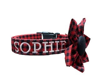 COLLIERS DE CHIEN À CARREAUX BUFFALO personnalisés, nom brodé et option de fleur, collier de chien de vacances de Noël, colliers de chien brodés pour des filles