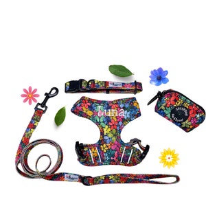 Personalized Floral Dog Harness and Leash Set and Separates, Fully Adjustable Dog Harness, Dog Harness Personalized Leash Flower Collar Set