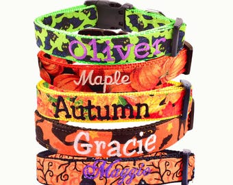 Custom Fall Dog Collar – Embroidered Halloween Pumpkins, Bats, Autumn Leaves, Personalized Name ID Collar for Small to Large Dogs Gift