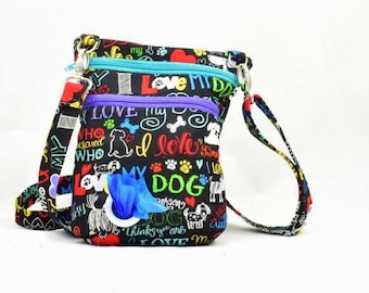 The DOG WALKER BAG with Poop Waste Bags Holder Dispenser in "I Love my Dog" Fabric Best Pet Lover Gift