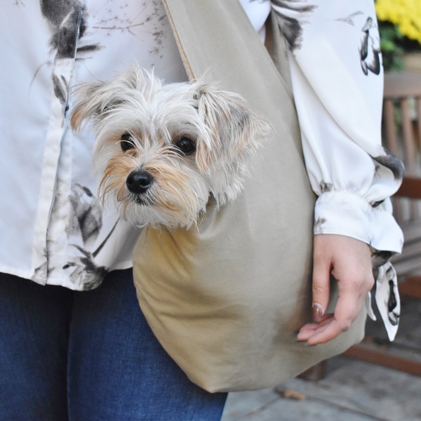 Small DOG Cat SLING Pet CARRIER Tote | Durable Tan Khaki | Cozy Warm Plush Interior |  Small Animal | Pet Lover Gift | Yorkie Chihuahua