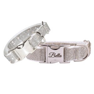 Engraved White Crystal Rhinestone Bling Dog Collar With Name Personalization and Leash Options for Girls Boys and Weddings, Size XXS–XXL 51