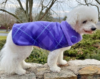 Purple  Dog Coats, Purple Plaid Warm Fleece Dog Sweater, XS to XL, TAILORING for Hard to Fit Dogs, Winter Clothes Girls, Dog Sweaters Girls